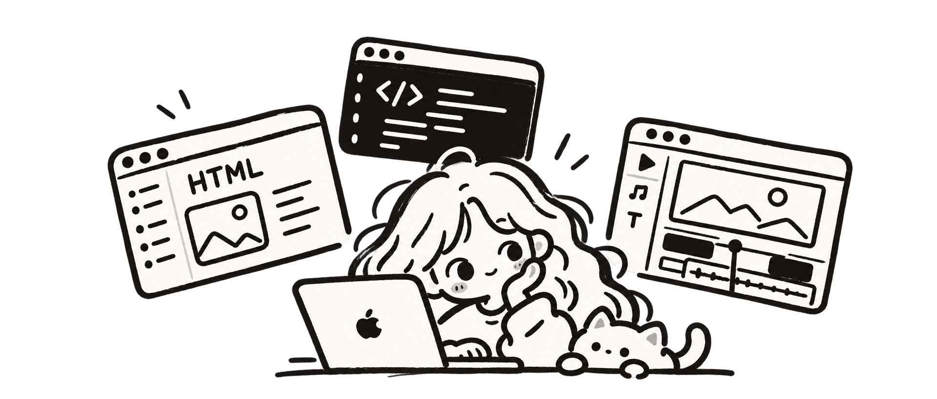 一个在电脑前创作的女孩，身旁有小猫、书本和网页小插画